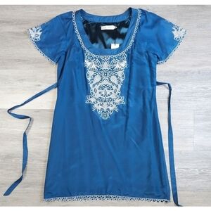 NWT MM Couture by Miss Me Silk/Cotton Blue Embroidered Dress